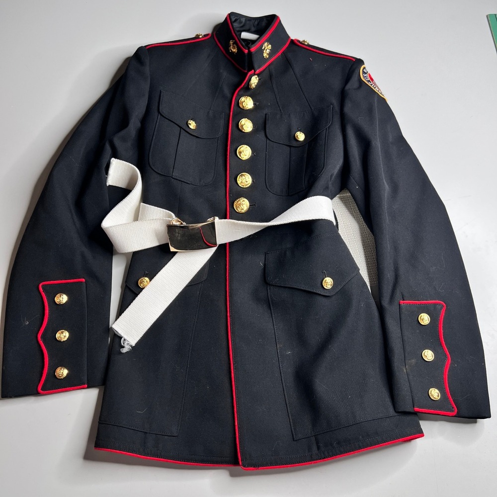 US Marine Corps Junior ROTC Dress Blues Jacket with Belt Black Red Youth Cadet